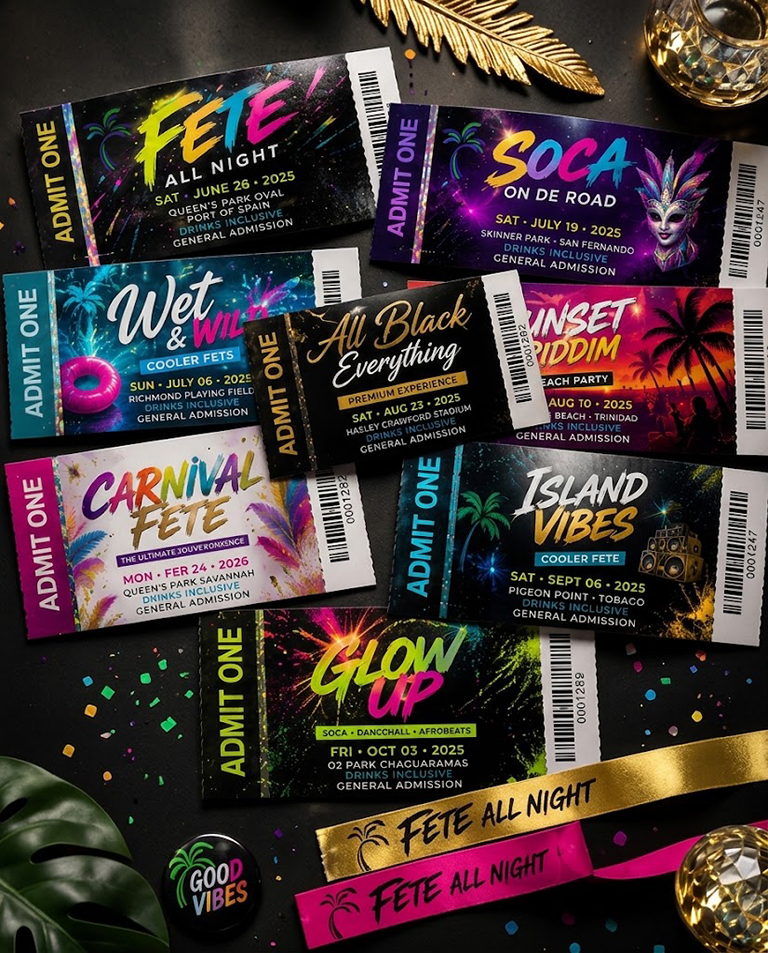 Prompt: close-up product photograph of vibrant professionally printed event tickets and wristbands on a clean worktable, rich navy, green, cyan, and coral palette, tactile paper detail, soft studio lighting, no text distortion